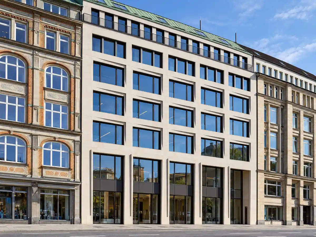 Büroeingang am Ballindamm in Hamburg, digital angepasste Perspektive