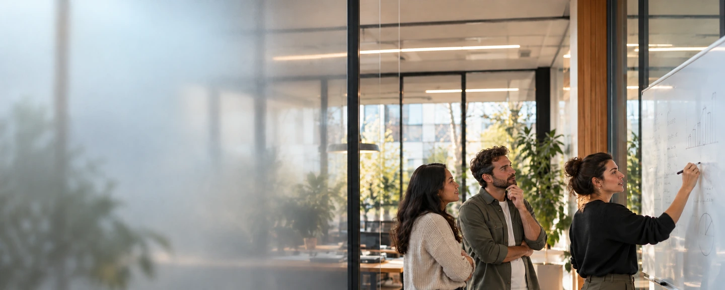 Three colleagues analysing figures at a whiteboard, seen through frosted glass