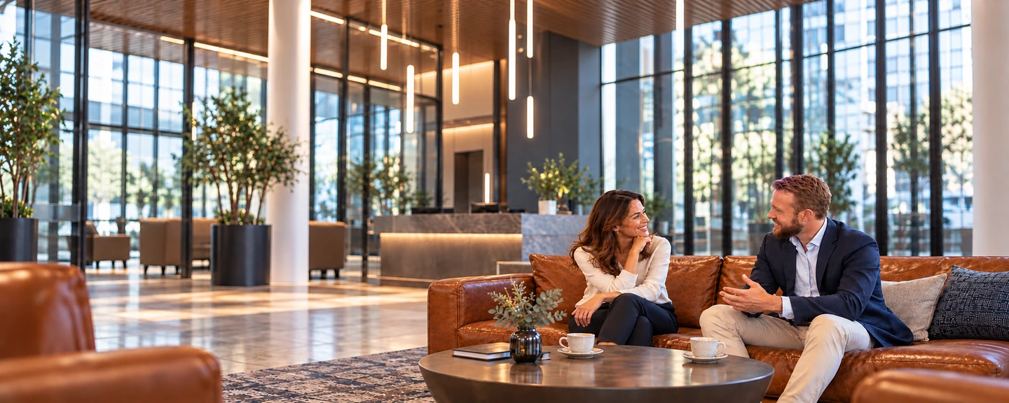 Conversation over coffee in a modern office