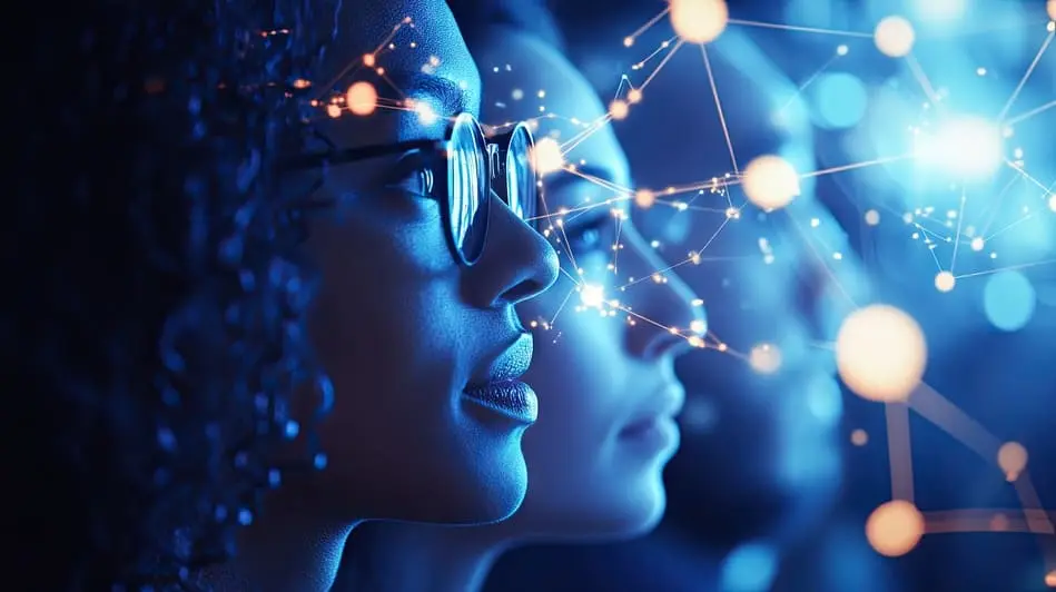 DeBott - HR Beratung Innovation Drei in Blautönen gehaltene Gesichter, die konzentriert in eine Richtung blicken – Symbolbild für zukunftsorientierte HR Beratung und strategischen Weitblick.